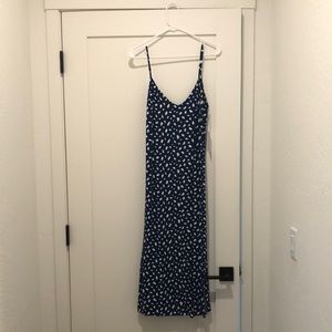 Reformation Navy Blue Slip Midi Dress with White Leaf Print